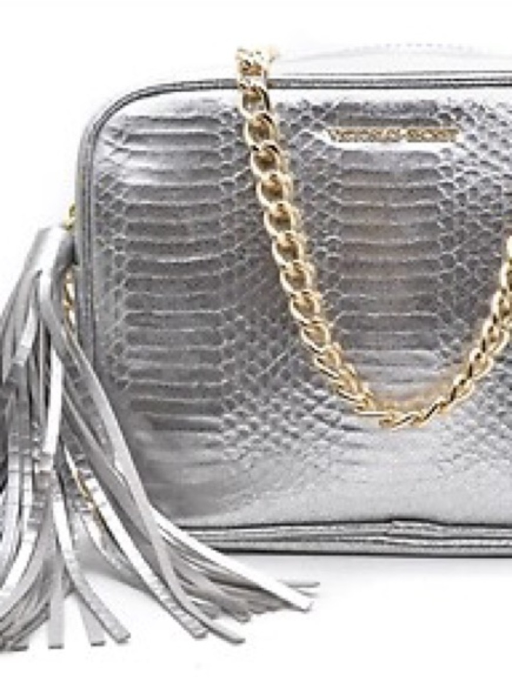 NWOT-Victoria's Secret Silver Metallic Faux-Snakeskin Crossbody with Tassel
